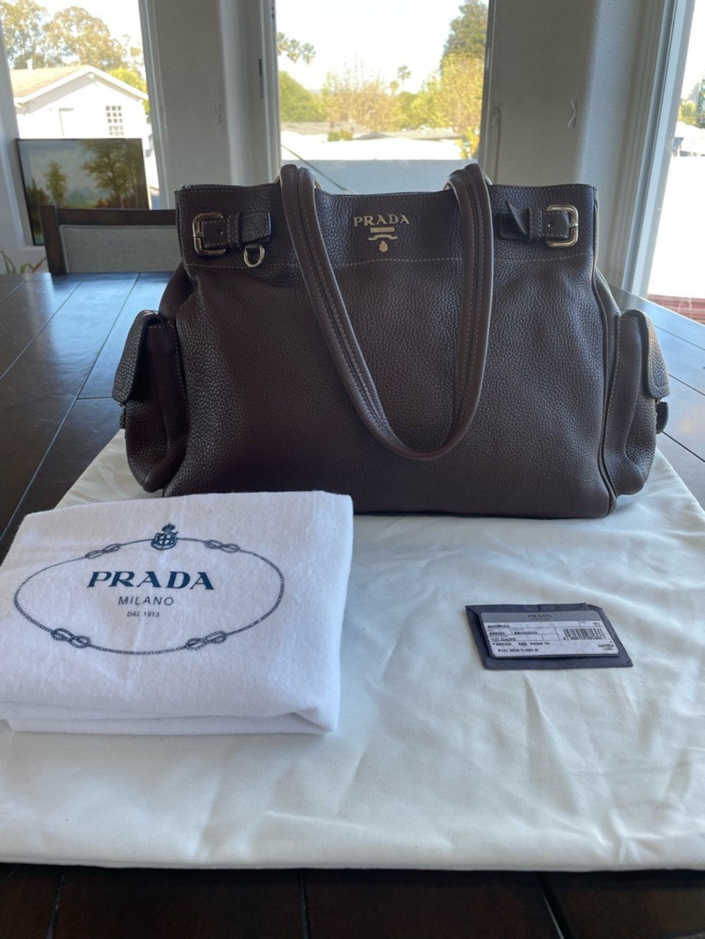 Vintage Prada Vitello Daino Side Pocket Tote Bag Bruciato color